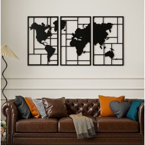 Decorazione da parete in metallo mappa del mondo 3 pezzi nero 150 x 1,9 x 80 cm (1/5)