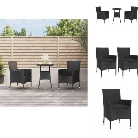 3-tlg. Garten-Bistro-Set mit Kissen Schwarz Poly Rattan - Gartensitzgruppe - Outdoor Möbel - Bistrotisch - Gartenstuhl - Polyrattan