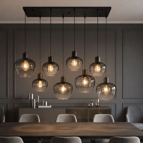 Lampada a sospensione a LED, lampada da sala da pranzo a 8 luci, vetro color fumo, H 120 cm (1/5)