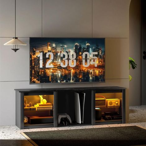 Meuble TV avec éclairage LED pour télévision jusqu'à 65 pouces, 160cm avec étagères en verre réglables, noir