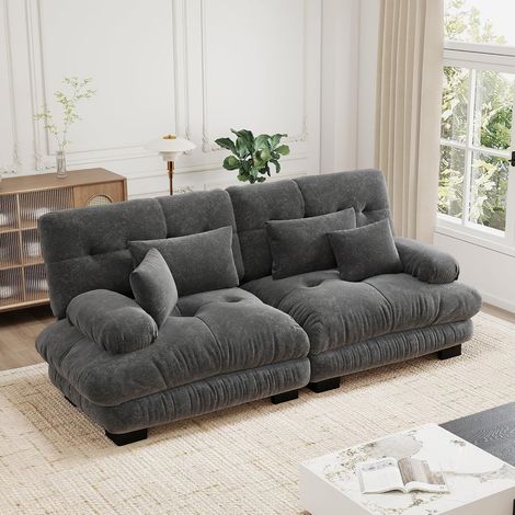 Canapé d'angle modulable luxueux - Canapé nuage surdimensionné en forme de L pour salon, canapé-lit profond avec pouf, velours côtelé, chenille grise (1/5)