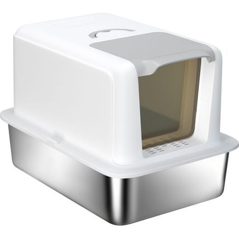 Litière pour chat avec bac en acier inoxydable, tamis, pelle, pour chat jusqu'à 6 kg, 40,5 x 60,5 x 41,5 cm, blanc argenté