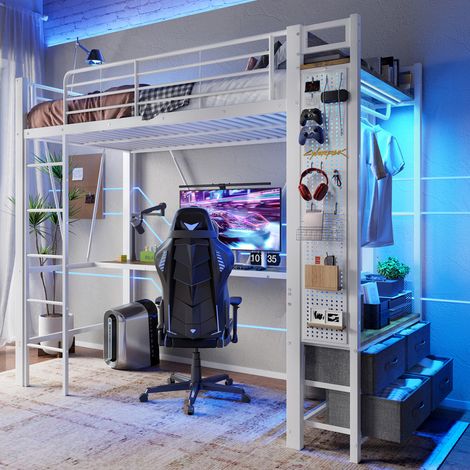 Lit mezzanine 90 x 200 cm - avec bureau + étendoir à linge - 4 tiroirs - prises USB + TYPE-C - avec LED - avec échelle de sécurité - blanc (sans matelas) (1/5)