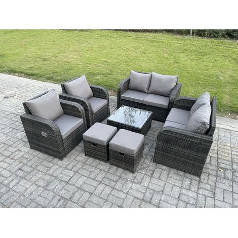 Fimous Gartenmöbel Set Rattan Lounge Sofa Stuhl im Freien mit ausgeglichenem Glastisch 2 Kleine Fußhocker Dunkelgrau Gemischt (1/5)