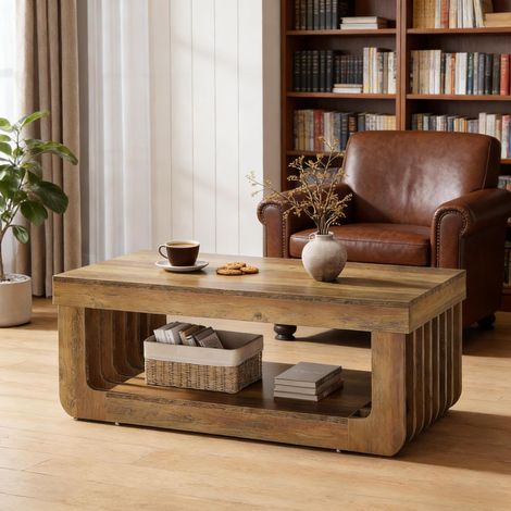 Tavolino da caffè in MDF marrone 120 x 60 x 45 cm con 2 ripiani e piedini regolabili (1/5)