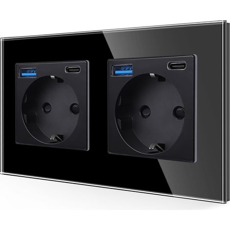 Prise double avec USB 20 W en noir, prises en verre 16 A avec charge rapide, port USB et port de type C, contact de protection encastré, prise murale 157 x 86 mm, 250 V, 2 compartiments (1/5)