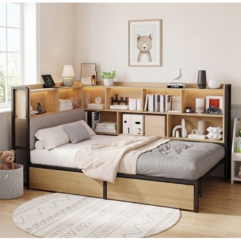 Letto daybed moderno 90x200 cm in metallo e MDF naturale con testiera imbottita, LED, USB-C, 2 cassetti e rete a doghe
