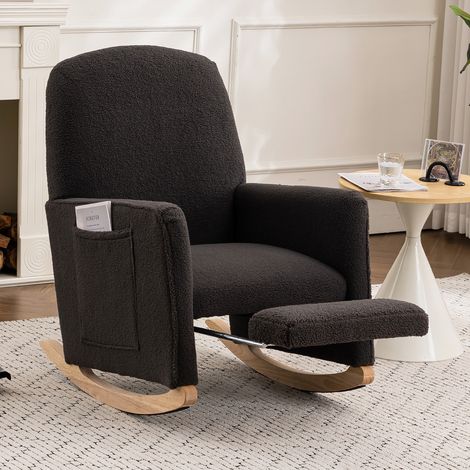 Rocking chair avec repose-pieds, fauteuil à bascule en tissu teddy, une poche latérale, dossier confortable, structure en bois massif, fauteuil à bascule de chambre de salon - Gris foncé (1/5)