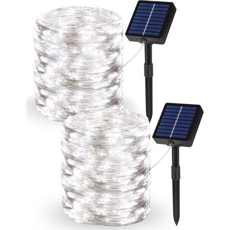 Lot de 2 Guirlande Solaire Extérieur, 20M 200LED Guirlande Lumineuse Étanche IP65, 8 Modes Minuteur Fonction Mémoire Fil de Cuivre Décoration Jardin Terrasse Intérieur Extérieur(Blanche) (1/5)