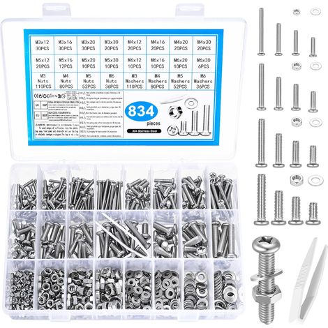 834 Pcs Boulon M3 M4 M5 M6, Vis et Écrous, Vis à Tête Ronde Cruciforme et Rondelles, Assortiment de Boulons et Écrous en Acier Inoxydable, Visserie Inox (1/5)