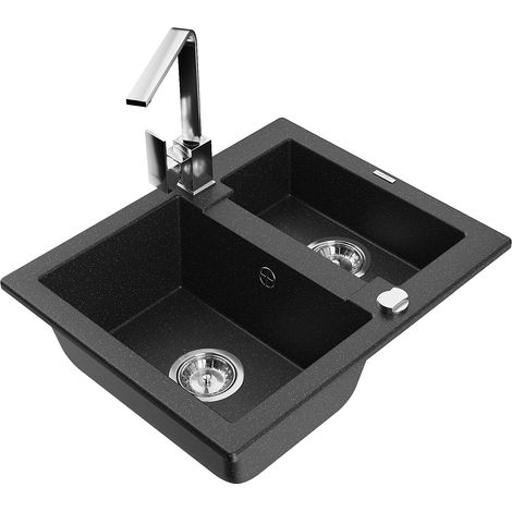 Mexen Carlos Granitspüle 1,5-Becken mit Küchenarmatur Rita, schwarz/silber metallic - 6518-73-670300-00 (1/5)