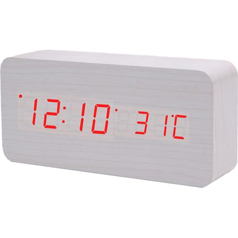 Réveil Numérique En Bois - Affichage LED Rouge - Affiche Heure Date Température - Alarme - Alimentation USB + Piles AAA - 1 Pièce (1/5)