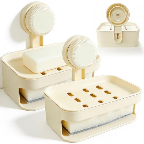 Lot de 2 Porte-Savon Mural Double Couche avec Drainage, Ventouse Sans Perçage, Éponge Intégrée, pour Cuisine et Salle de Bain, Blanc Crème (1/5)