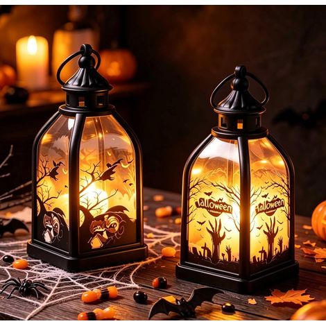 Lot de 2 lanternes décoratives d'intérieur pour Halloween - Lanterne Bougie d'automne - Décoration de jardin avec pile - Lanterne L (1/5)