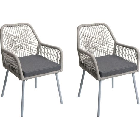 [NUNCA USADO] Juego de 2 sillas de jardín HHG-469, cojín de asiento para exterior tejido de cuerda de aluminio Rope, gris, funda gris oscuro