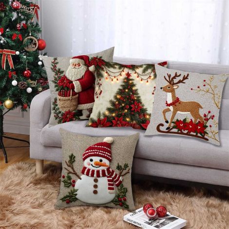 Housse De Coussin Lapin De Noël - Motif 3D En Lin Naturel - Pour Canapé Chambre - 45x45 Cm - Lot De 4 (1/5)