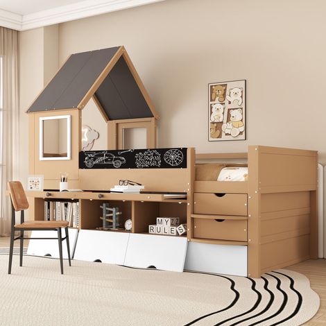 Strutture letto a castello per bambini 90x200 + 90x190 cm, letto a soppalco con rete a doghe, 2 cassetti e vani a giorno, struttura letto estraibile, contenitore, struttura in pino, Naturale (1/5)