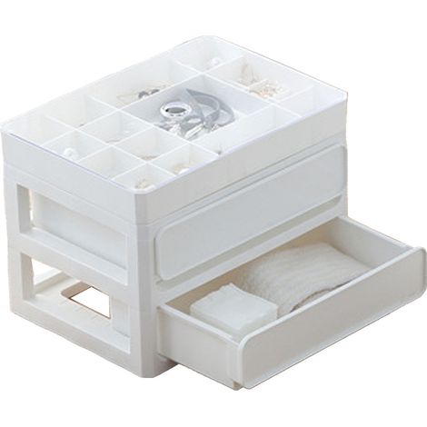 Boîte de rangement multicouche, empilable, anti-poussière, boîte de rangement de bureau, organisateur pour chambre d'étudiant, cosmétiques, 2 niveaux, blanche (1/5)