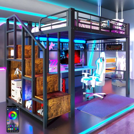 Lit Mezzanine métal 140x200 avec LED, Lit Superposé Enfant 2 Places avec panneau perforé et escalier rangement, Lit en Hauteu À monter soi-même Noir (1/5)