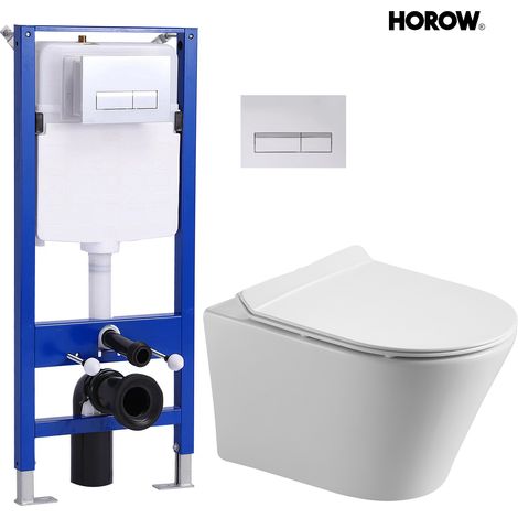 Design Hänge Wand WC Komplettpaket wassersparendes Hängewc weiße Keramik Toilette, Absenkautomatik und abnehmbarer WC Sitz+ Vorwandelement mit Betätigungsplatte (1/5)