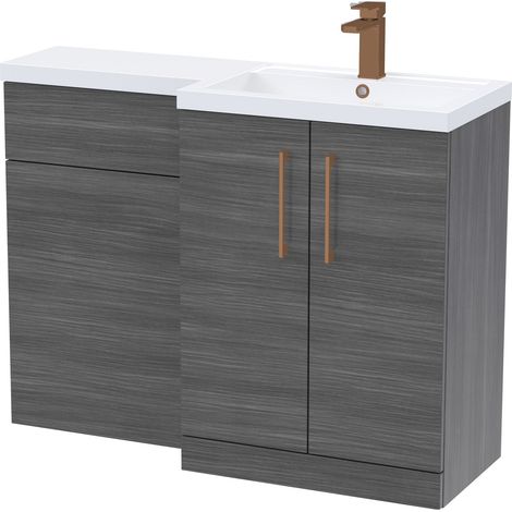 Balterley Right-Hand Bathroom Vanity and WC Unit Combination, Basin - 1100mm - Woodgrain Anthracite, Brushed Bronze Handles (1/5)