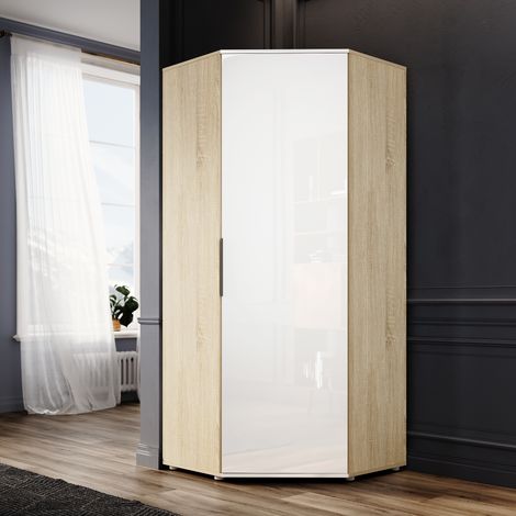 ELEGANT High Gloss Corner Wardrobe Hanging Rail Furniture with Single Door Large Storage Shelves Bedroom White Wardrobe 1860 x 800 x 800 mm (1/5)