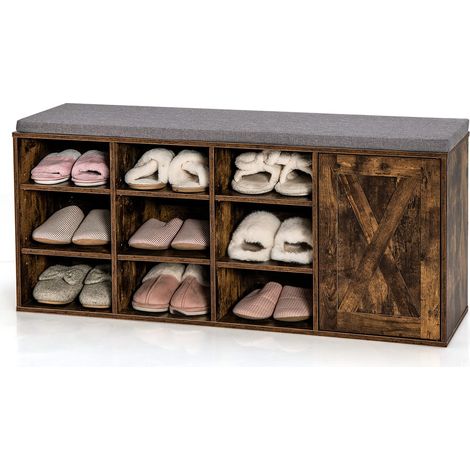COSTWAY Panca Scarpiera da Ingresso, Scarpiera con Seduta Imbottito, 9 Scomparti e Armadio con Ante, Panca Contenitore con Ripiani Regolabili, per Camera da Letto Corridoio, 110,5x30x49 cm (Marrone) (1/5)