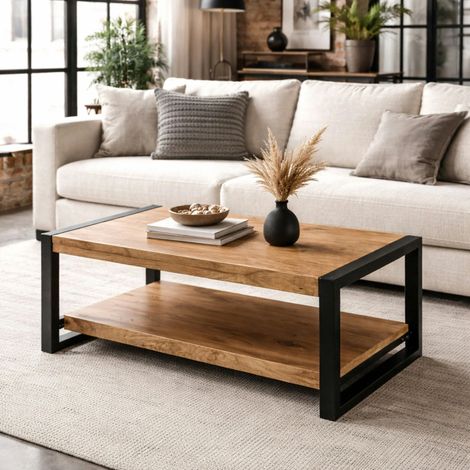Table basse double plateau bois clair métal noir MILORA