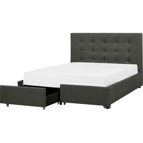 Lit Double 140x200 cm en Tissu Gris Foncé Tête Capitonnée Cadre à 2 Tiroirs Rochelle (1/5)