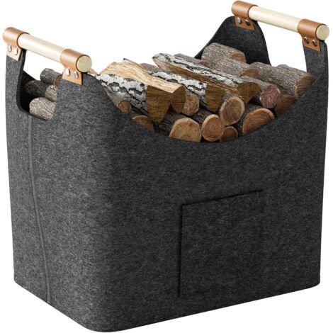 Panier à bûches en feutre avec poignées en bois renforcées,une petite poche extérieure, grand panier à bûches pour bois, journaux ou bois de chauffage (1/5)