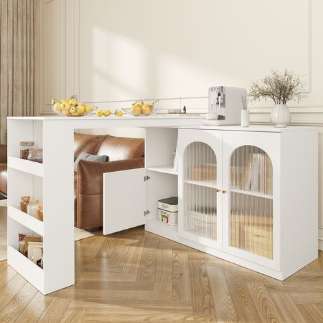 360° rotating bar table (main body 120 x 40 x 97 cm), modern and simple white rotating dining and bar cabinet, multifunctional storage cabinet with glass door