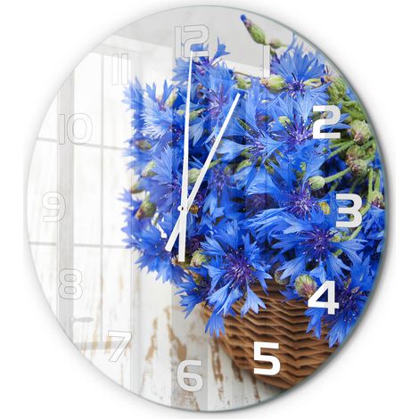 Horloge Murale Ronde Verre Décoratif Silencieuse Moderne Salon Cuisine Bleuets dans un panier fi 60 cm (1/5)