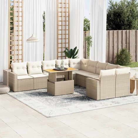 Ensemble de Jardin Modulable 11 Pièces en Résine Tressée Beige avec Table Réglable et Coussins Crème - Salon d'Extérieur Complet (1/3)
