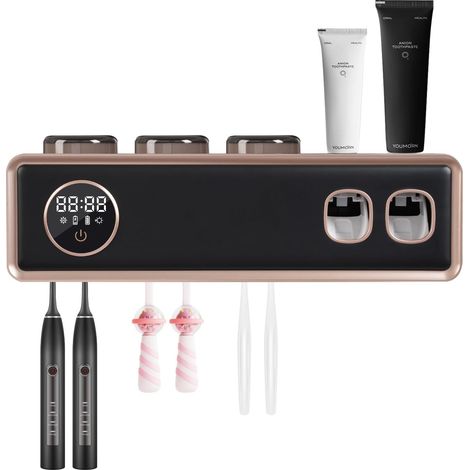 1 Porte-brosse à dents mural, Désinfectant UV, Séchoir 6 fentes, 3 gobelets magnétiques, Distributeur automatique, Écran LED, Salle de bain (1/5)