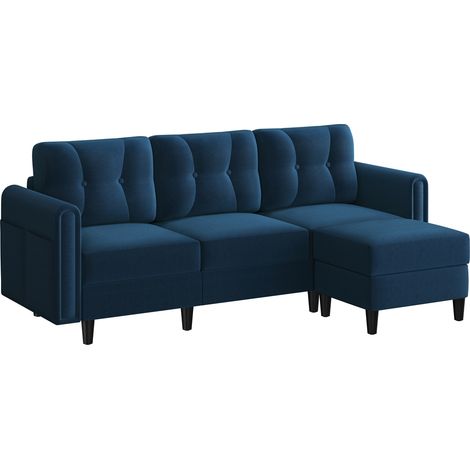 Yaheetech Canapé 3 Places avec Pouf Design Modern Canapé d’Angle Rembourré en Tissu pour Salon/Chambre/Bureau/Appartement Bleu (1/5)
