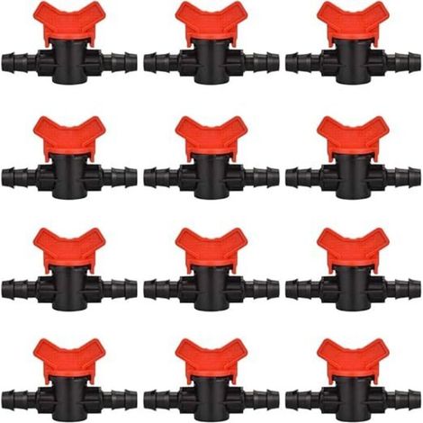 12 PCS Robinet de jardin pour tuyau, Tuyau Vanne d'irrigation 16 x 16mm Robinet d'arrêt raccord en Plastique pour le contrôle extérieur de la vanne d'eau de jardin (noir + rouge)