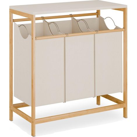 Meuble à linge pratique avec 3 corbeilles amovibles 84,5 x 78,5 x 40 cm style contemporain en bambou crème (1/4)