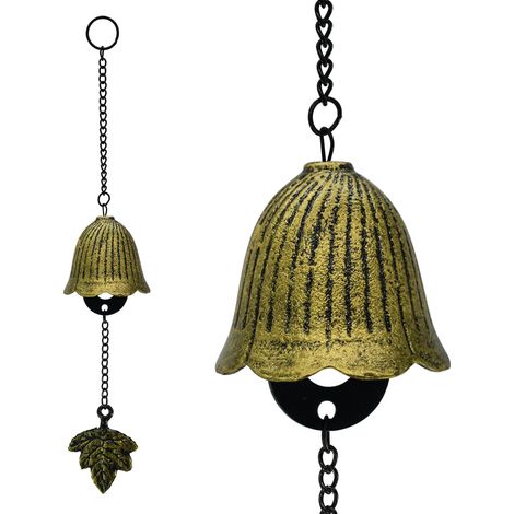 Carillon éolien de style japonais en forme de feuille, petit modèle suspendu en fonte, adapté pour l'extérieur, les jardins et les cours (feuille d'érable, finition bronze antique) (1/5)