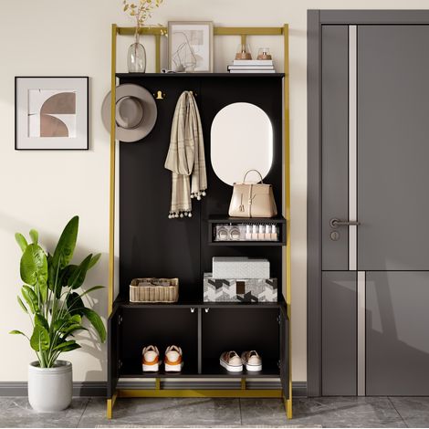 Guardaroba con specchio e ganci in metallo, 78 x 38,5 x 180,5 cm, Nero OKMYHOME (1/5)