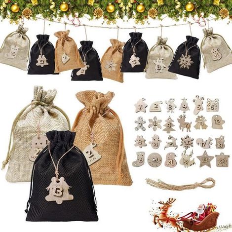 24 Sac en Tissu de Calendrier de l'avent de Noël,DIY Sachets en Jute,Calendrier de l'Avent Sac,Sacs Surprise Noël (1/3)