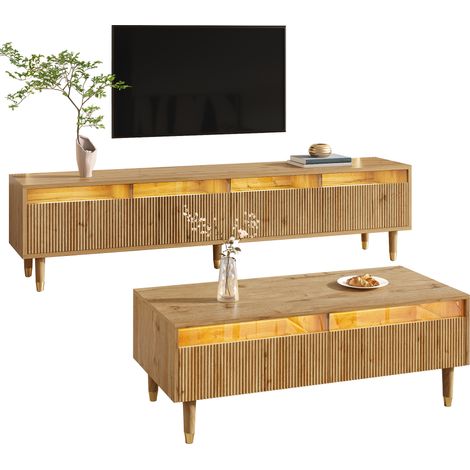 Ensemble mobilier LED : meuble TV à 4 portes et table basse à 2 tiroirs, design tons bois et or, structure ondulée et façade acrylique (1/5)