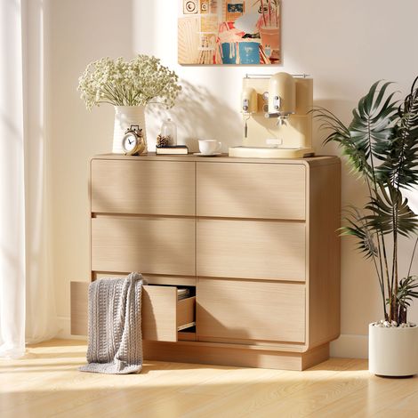Buffet de 100 cm avec 6 tiroirs, commode pour cuisine, salon, salle à manger, en bois naturel
