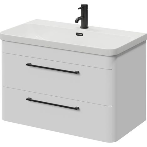 Oslo Gloss White 800mm Wall Mounted 2 Drawer Vanity Unit with Fina Basin - 800mm - Matt Black 320mm Handle
