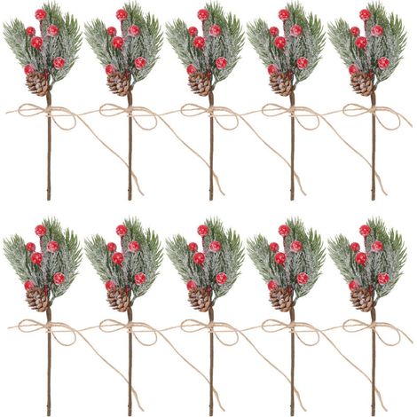Artificial berry branches, 10 pieces, pine cones, holly stem, crafts, winter holiday craft choice, red Christmas tree ornaments (1/5)