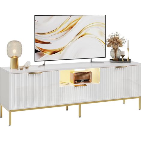 Meuble TV pour téléviseurs 55/60 Pouces, Meuble multimédia Moderne avec Rangement, Console multimédia avec Motif ondulé pour Salon et Chambre à Coucher, Blanc Brillant (1/5)