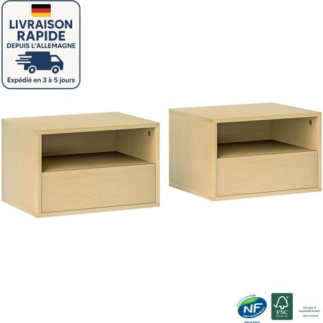Set di 2 comodini da parete - set di 2 comodini - cassetto scorrevole, nicchia e vassoio - colore legno (1/5)