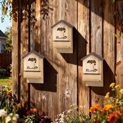 Lot de 3 nichoirs à chauves-souris 21,5x11,5x34 cm en bois naturel à suspendre pour jardin – MEUBLIV (1/5)