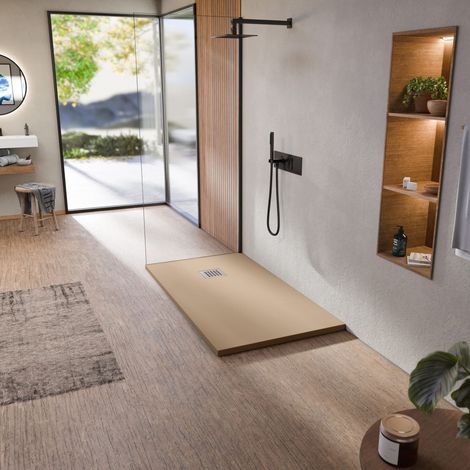 BELLOBATH - Receveur de douche en résine antidérapante - Texture ardoise lisse - Avec la bonde et la grille comprises - Sable - 100 X 160 cm
