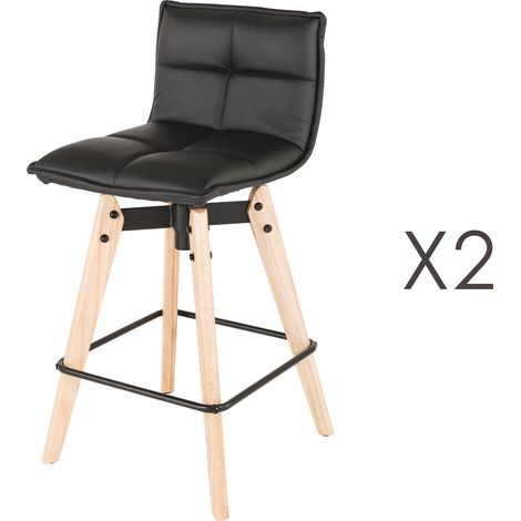 Lot de 2 tabourets de bar en PU noir et pieds chêne - KALMAR
