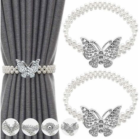 Lot de 2 Attache Rideau en Réglables avec Fil à Ressort, Attaches Rideaux avec Butterfly et Perles, Pas de Forage pour Décoration de Maison, Bureau, Salon, Chambre (Argent) (1/4)